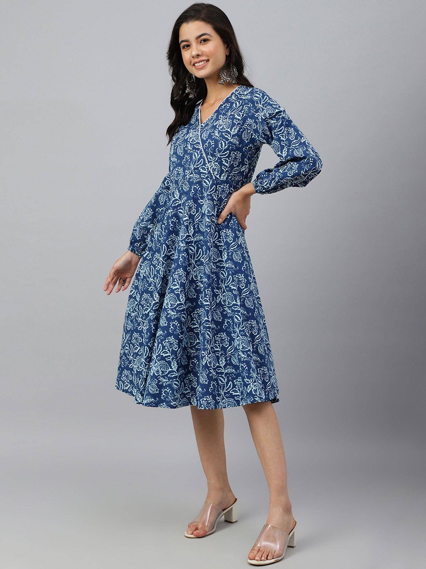 Navy Blue Cotton Floral Print Angrakha Western Dress