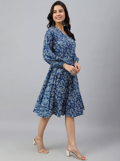 Navy Blue Cotton Floral Print Angrakha Western Dress