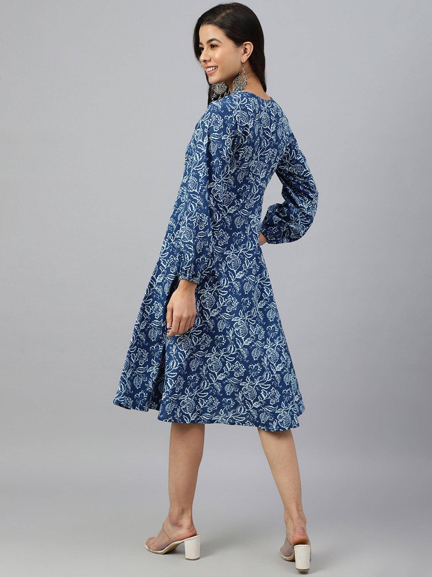 Navy Blue Cotton Floral Print Angrakha Western Dress