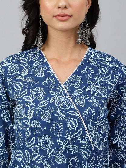 Navy Blue Cotton Floral Print Angrakha Western Dress