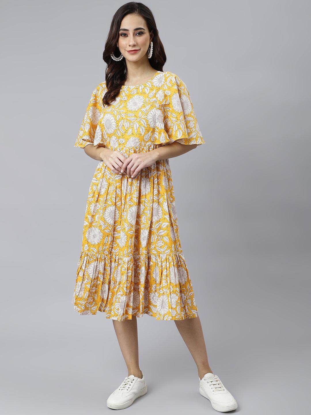 Yellow Cotton Floral Print Flared Western Dress