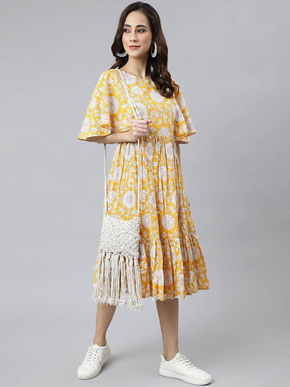 Yellow Cotton Floral Print Flared Western Dress