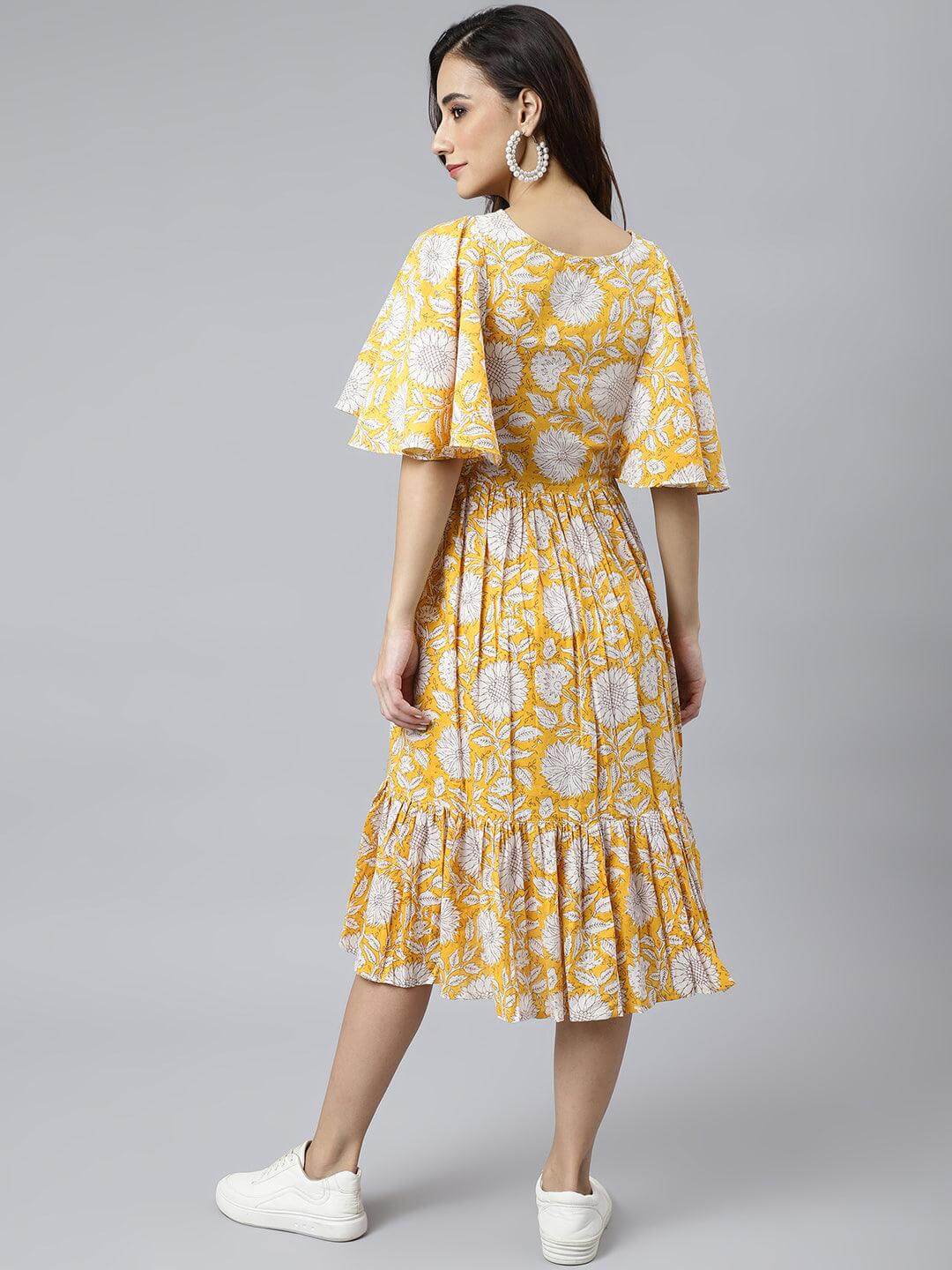 Yellow Cotton Floral Print Flared Western Dress