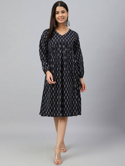 Silae Black Cotton Printed A-Line Western Dress