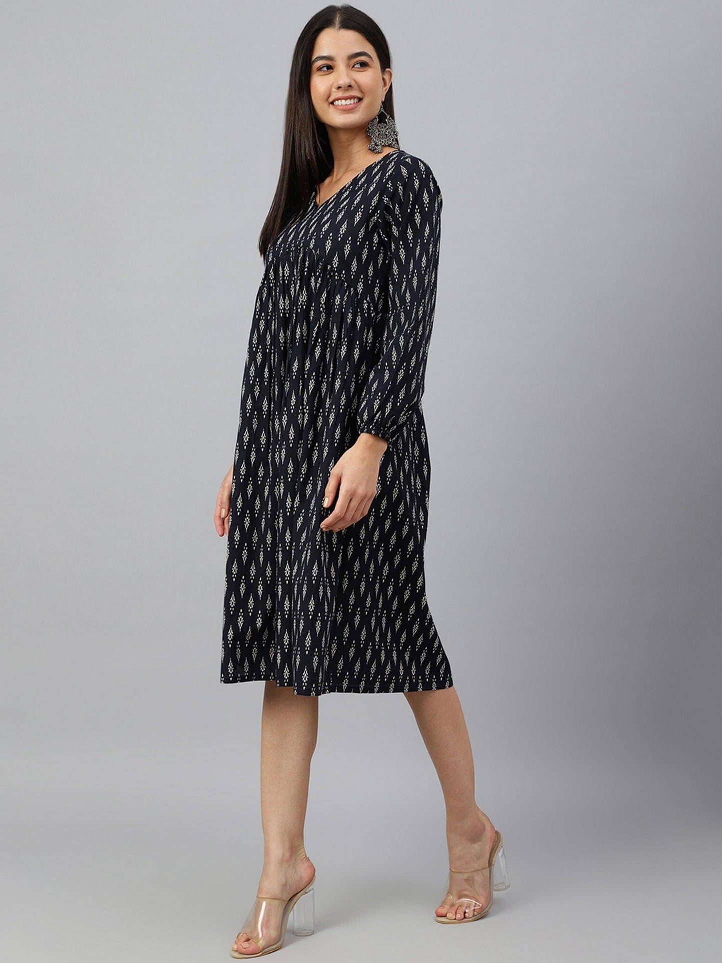 Silae Black Cotton Printed A-Line Western Dress