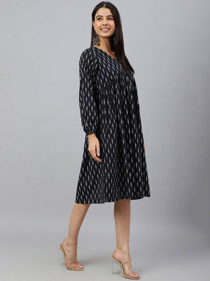 Silae Black Cotton Printed A-Line Western Dress