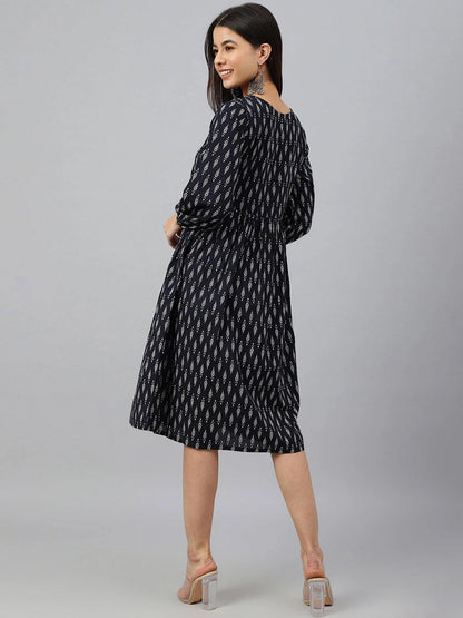 Silae Black Cotton Printed A-Line Western Dress