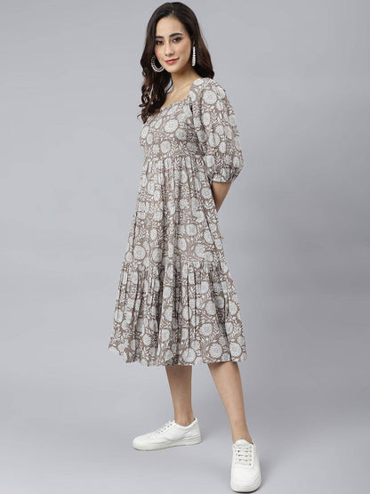 Grey Cotton Floral Print Flared Western Dress