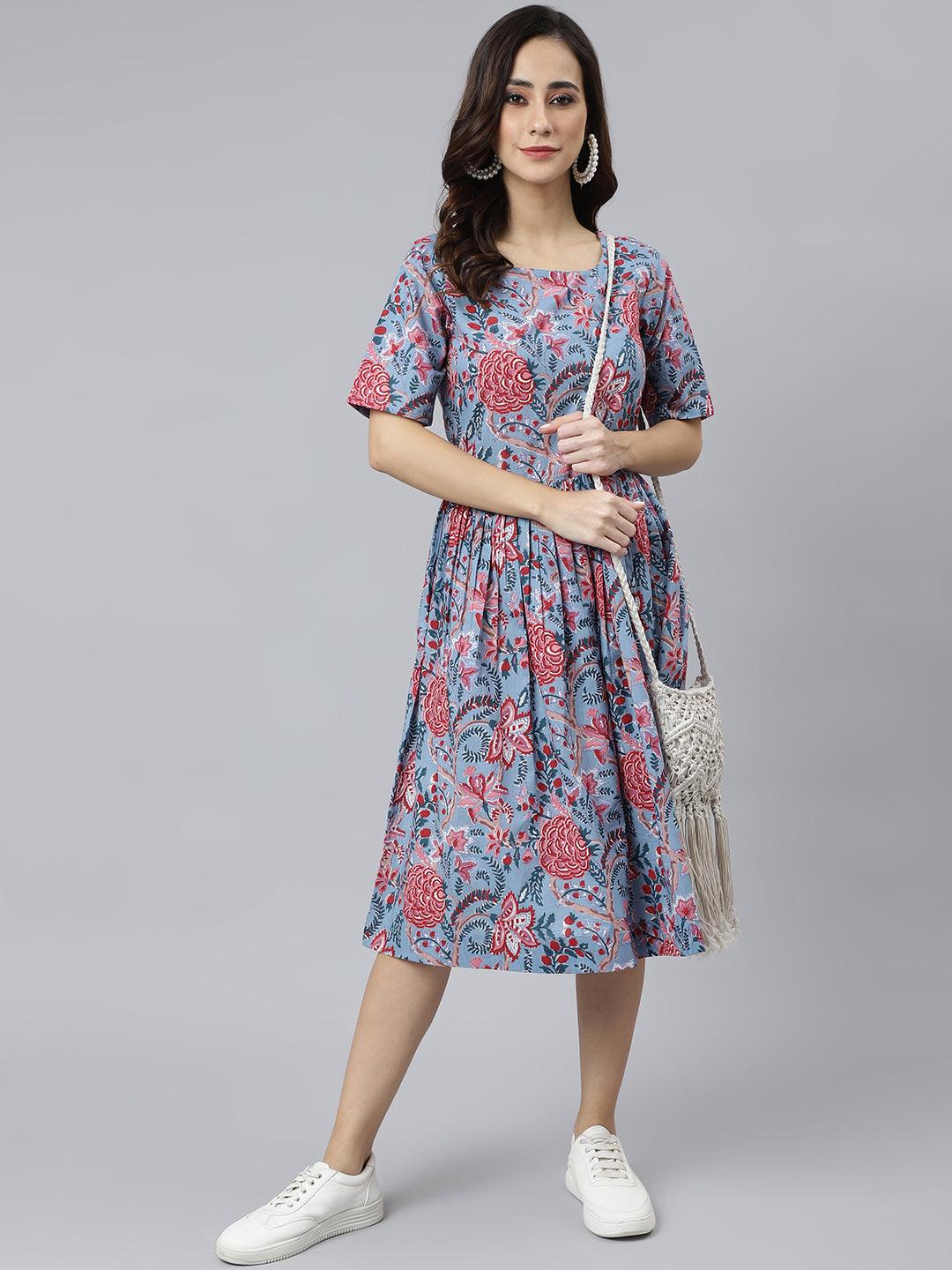 Blue Cotton Floral Print Flared Western Dress