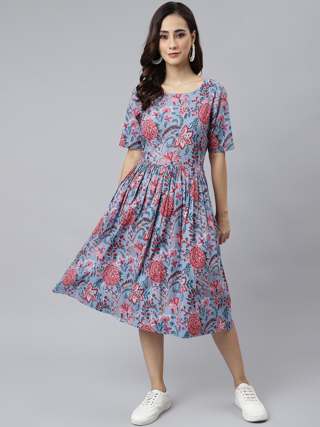 Blue Cotton Floral Print Flared Western Dress