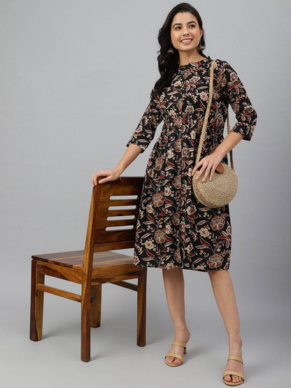 Black Cotton Floral Print Flared Western Dress