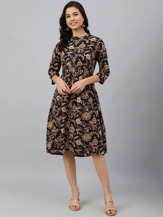 Black Cotton Floral Print Flared Western Dress