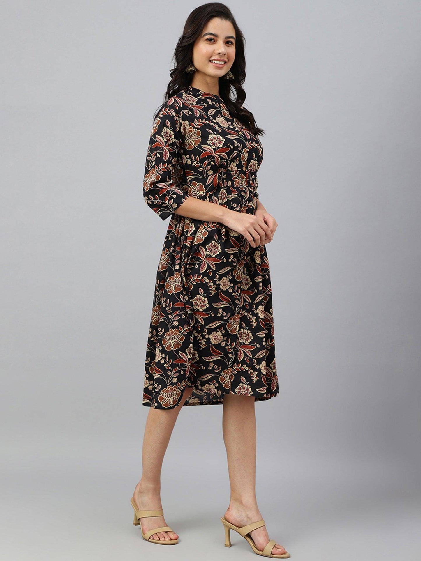 Black Cotton Floral Print Flared Western Dress