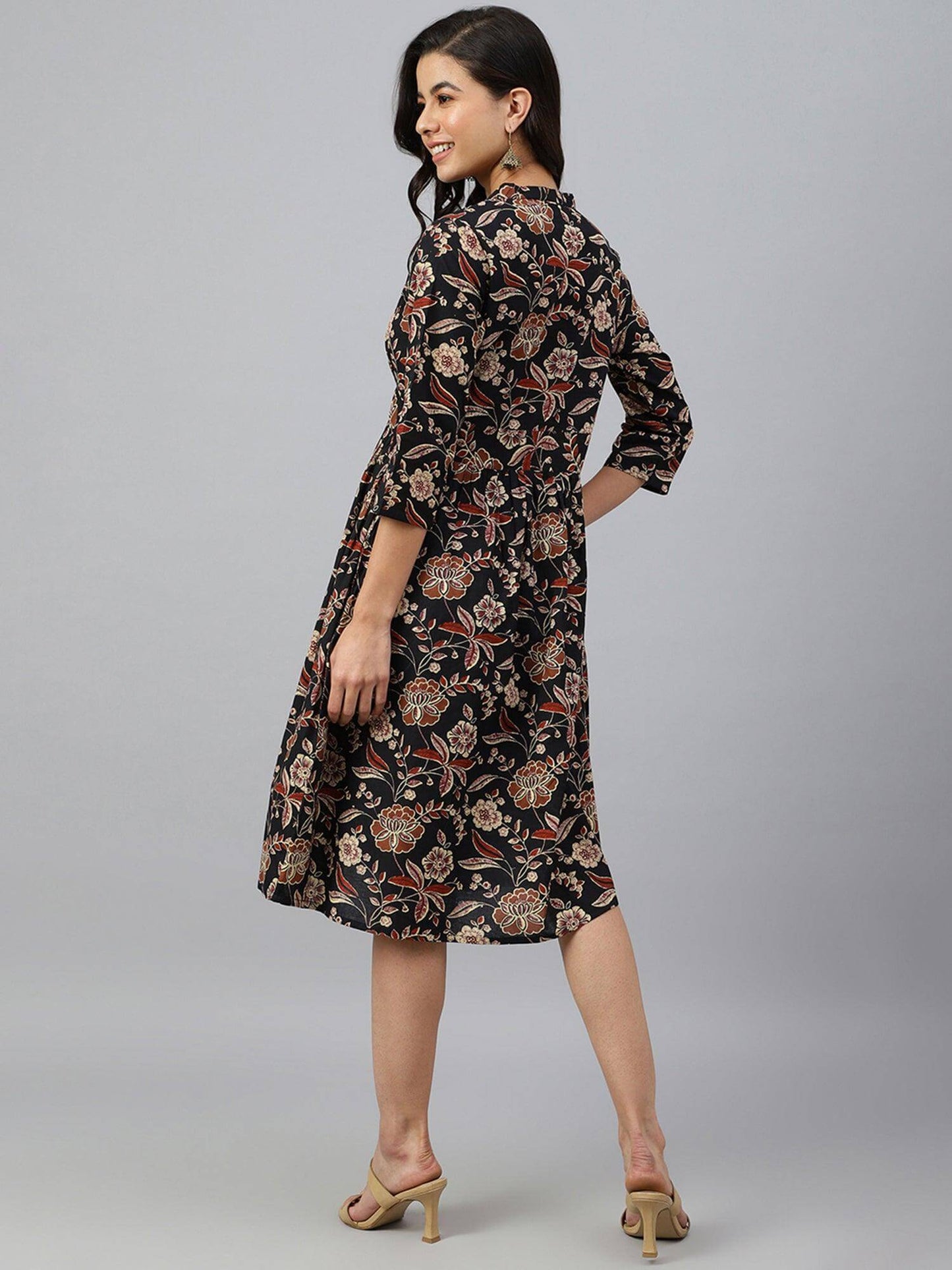 Black Cotton Floral Print Flared Western Dress