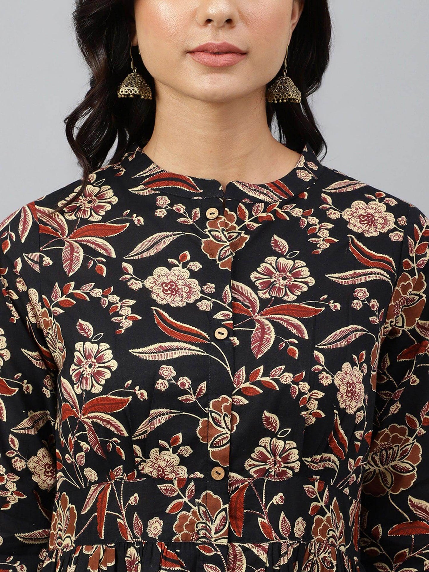 Black Cotton Floral Print Flared Western Dress