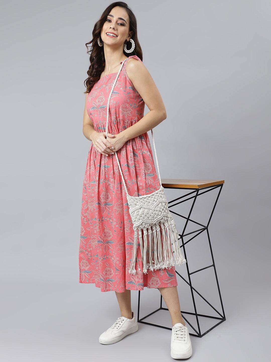 Pink Cotton Floral Print Flared Western Dress