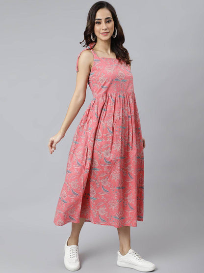 Pink Cotton Floral Print Flared Western Dress