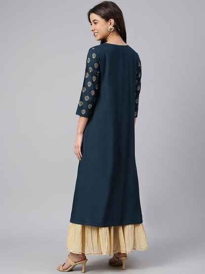 Teal Rayon Solid A-Line Kurta