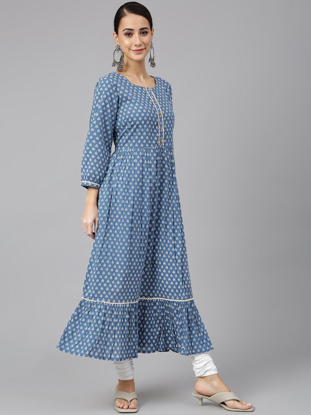 Blue Cotton Ethnic Motifs Flared Kurta