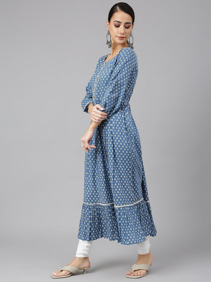 Blue Cotton Ethnic Motifs Flared Kurta