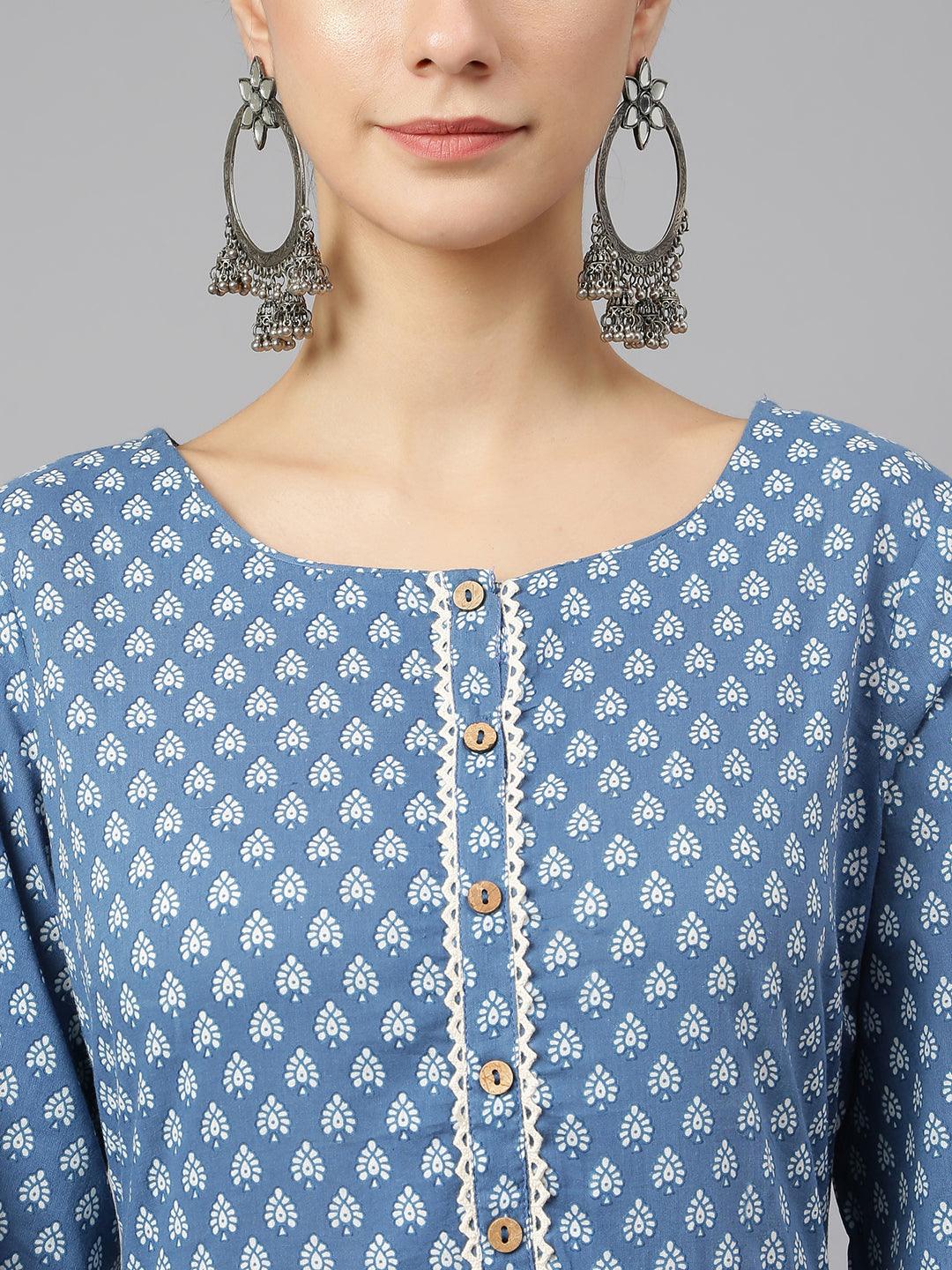 Blue Cotton Ethnic Motifs Flared Kurta