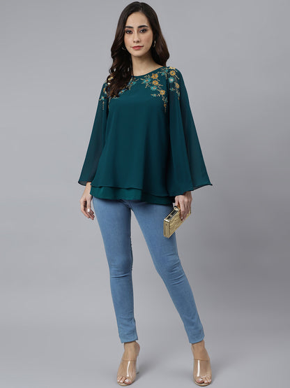 Aqua Blue Georgette Embroidered Casual A Line Ethnic Top