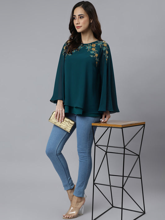 Aqua Blue Georgette Embroidered Casual A Line Ethnic Top