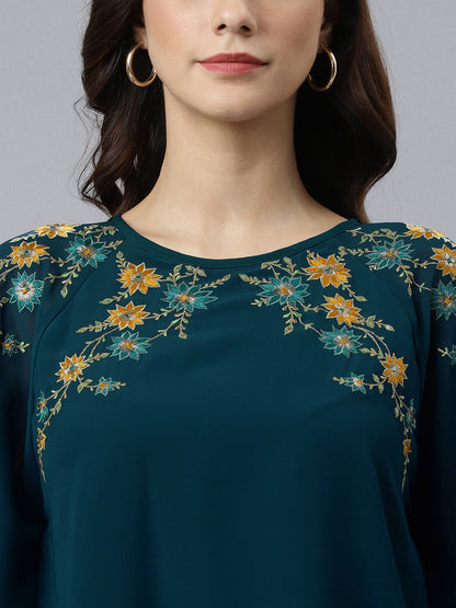 Aqua Blue Georgette Embroidered Casual A Line Ethnic Top