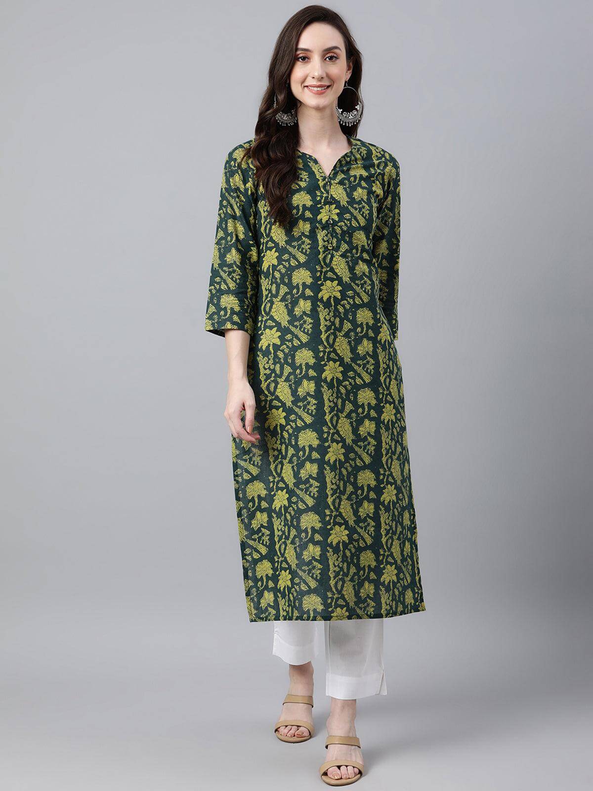 Dark Green Cotton Floral Block Print Straight Kurta