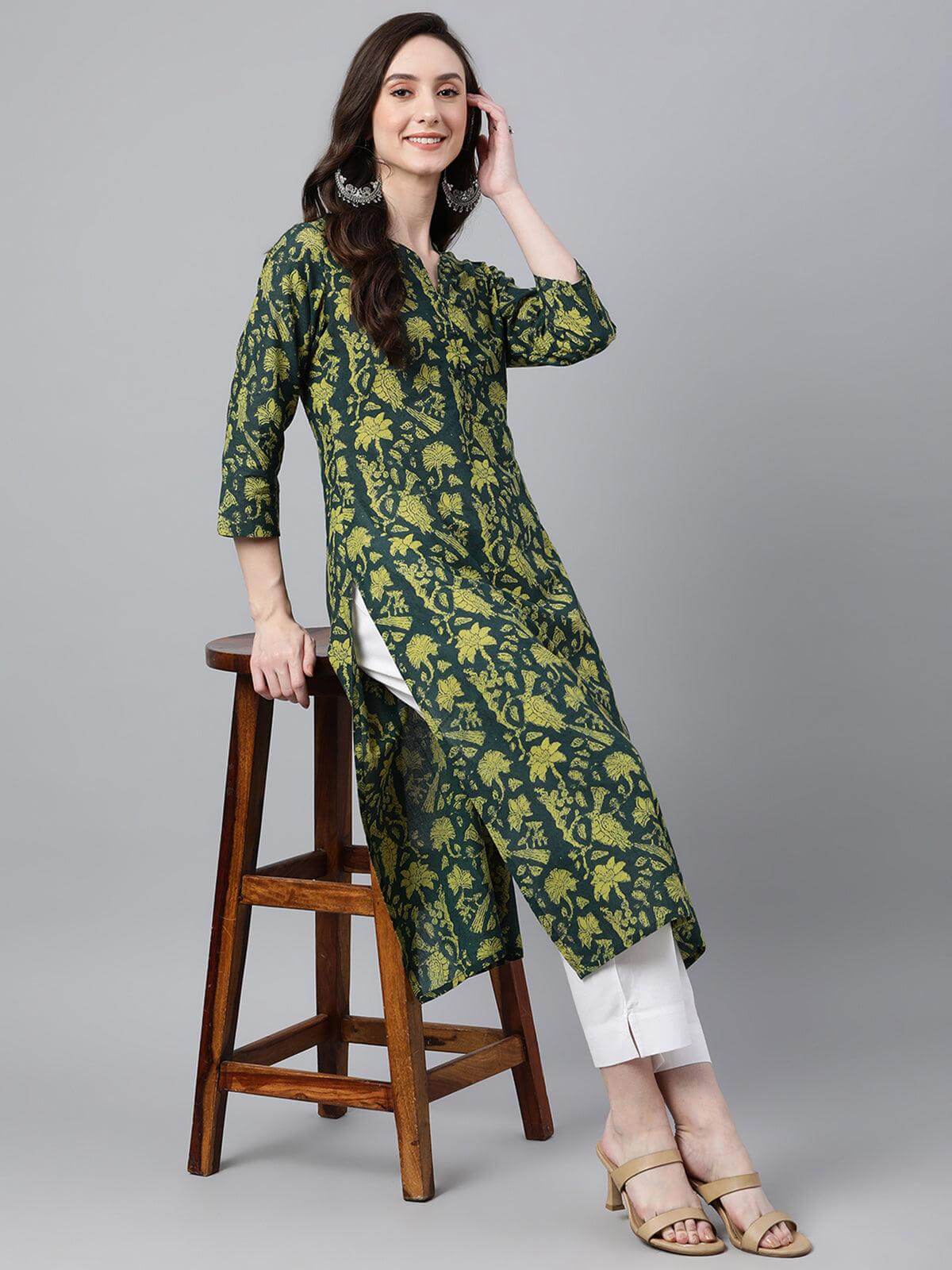 Dark Green Cotton Floral Block Print Straight Kurta