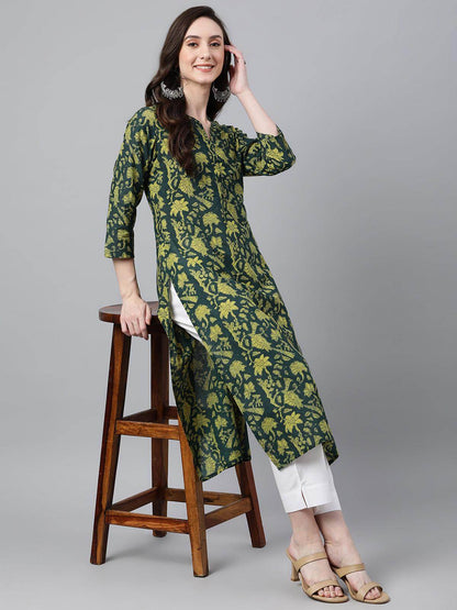 Dark Green Cotton Floral Block Print Straight Kurta