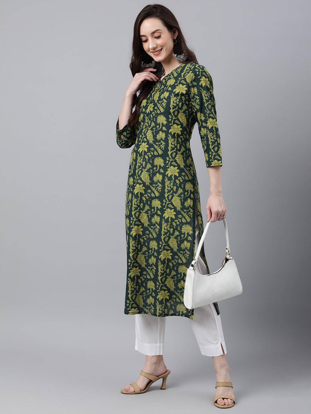 Dark Green Cotton Floral Block Print Straight Kurta