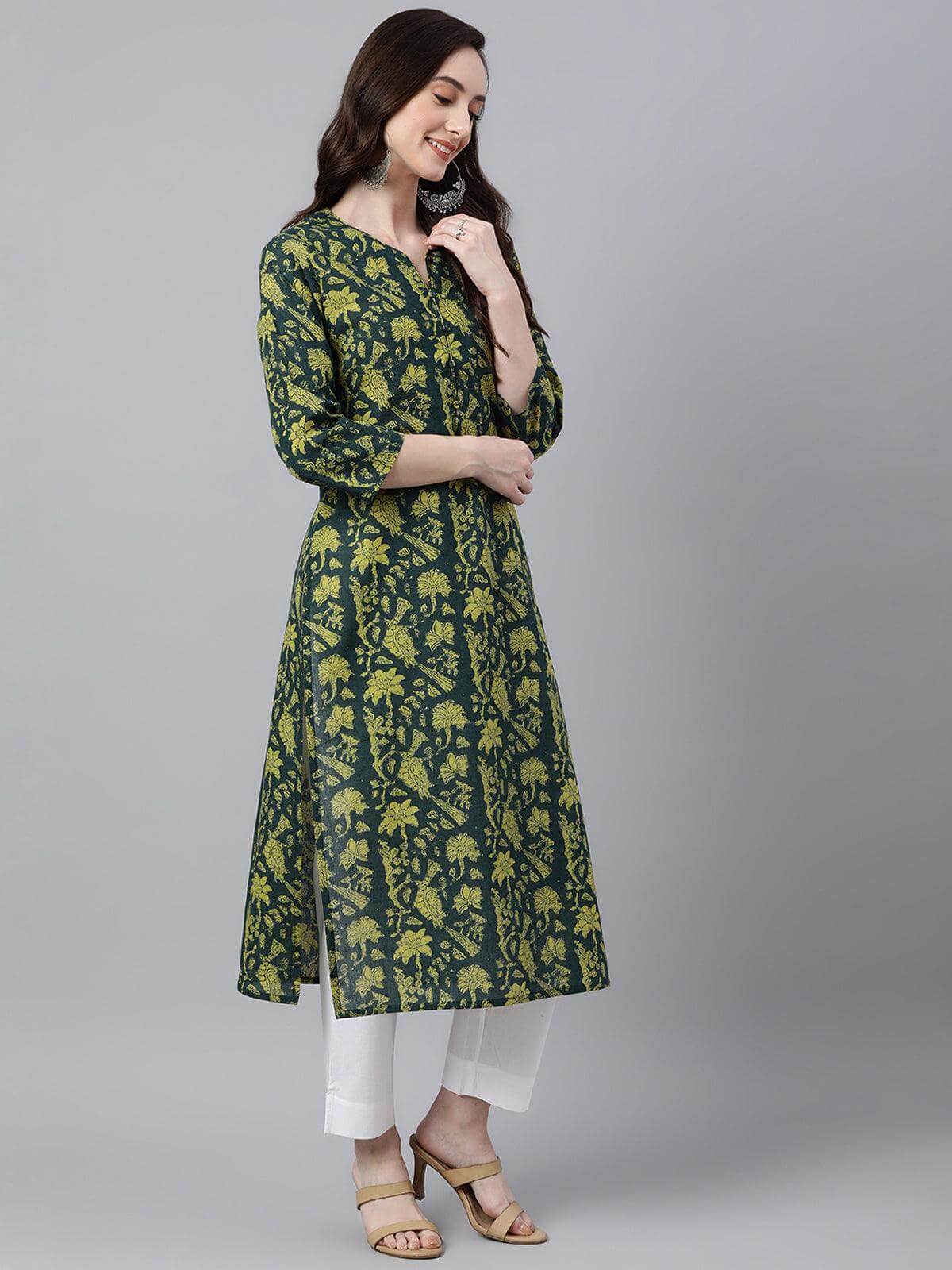 Dark Green Cotton Floral Block Print Straight Kurta