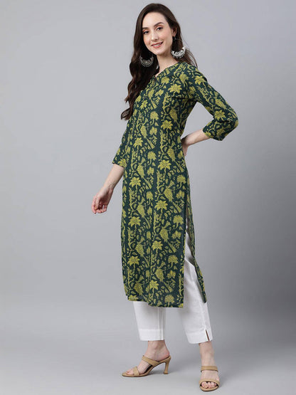 Dark Green Cotton Floral Block Print Straight Kurta