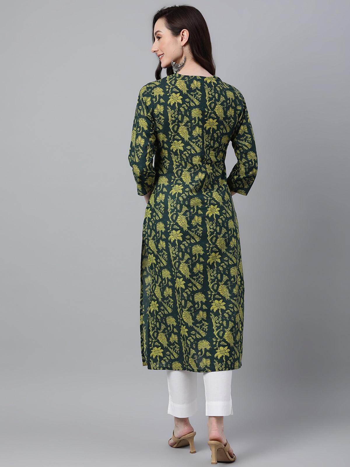 Dark Green Cotton Floral Block Print Straight Kurta