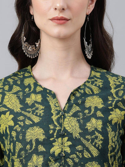 Dark Green Cotton Floral Block Print Straight Kurta