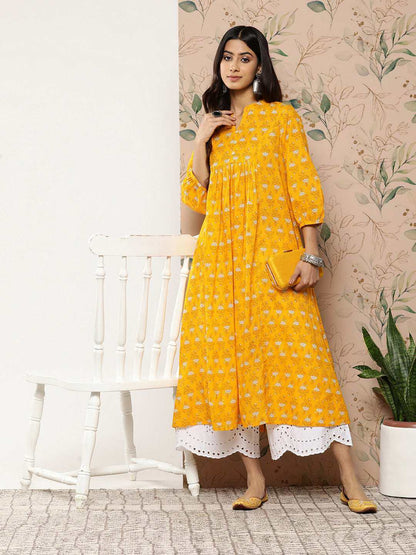 Mustard Cotton Botanical Print Flared Kurta