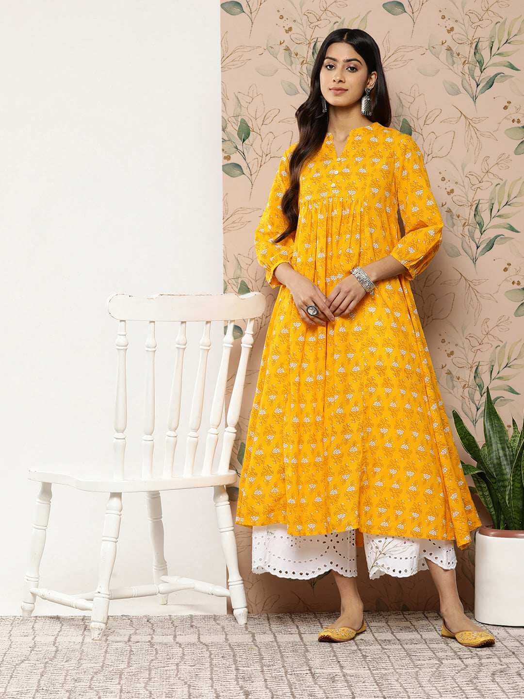 Mustard Cotton Botanical Print Flared Kurta