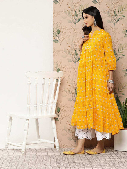 Mustard Cotton Botanical Print Flared Kurta