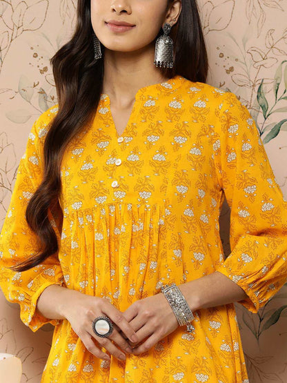 Mustard Cotton Botanical Print Flared Kurta