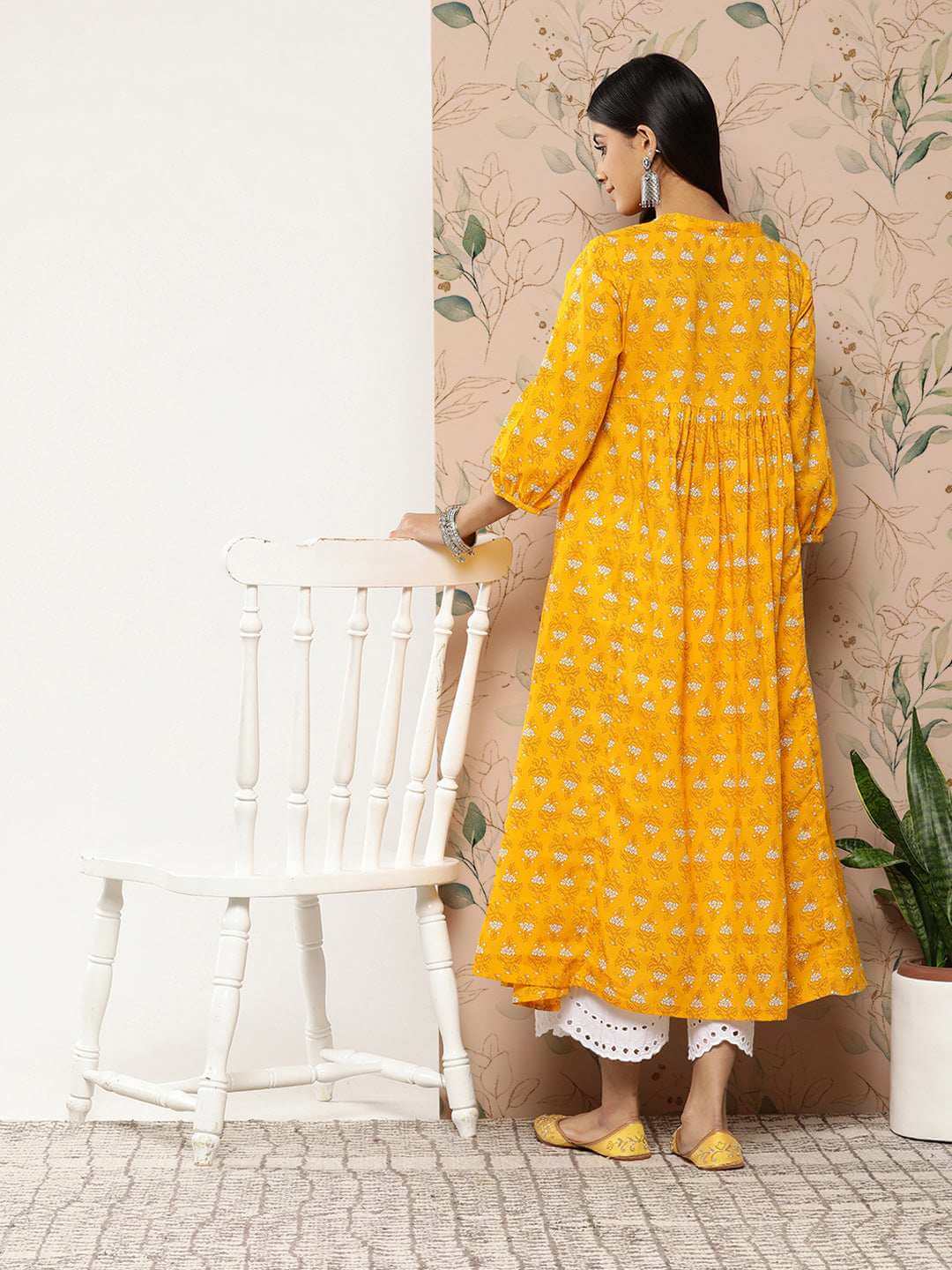 Mustard Cotton Botanical Print Flared Kurta