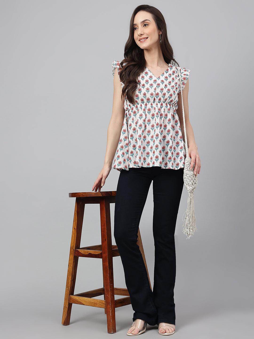 White Cotton Floral Print Flared Top