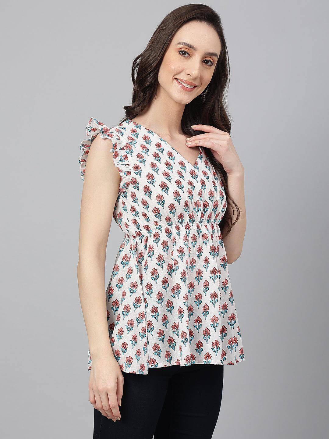 White Cotton Floral Print Flared Top