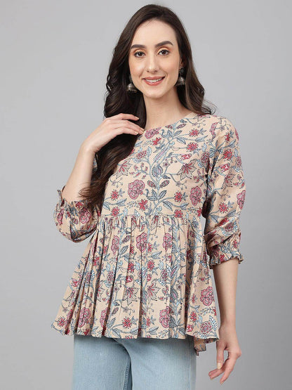 Beige Cotton Floral Print Peplum Top