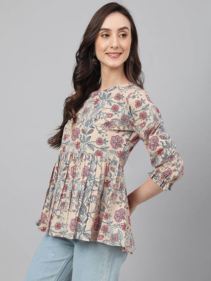 Beige Cotton Floral Print Peplum Top