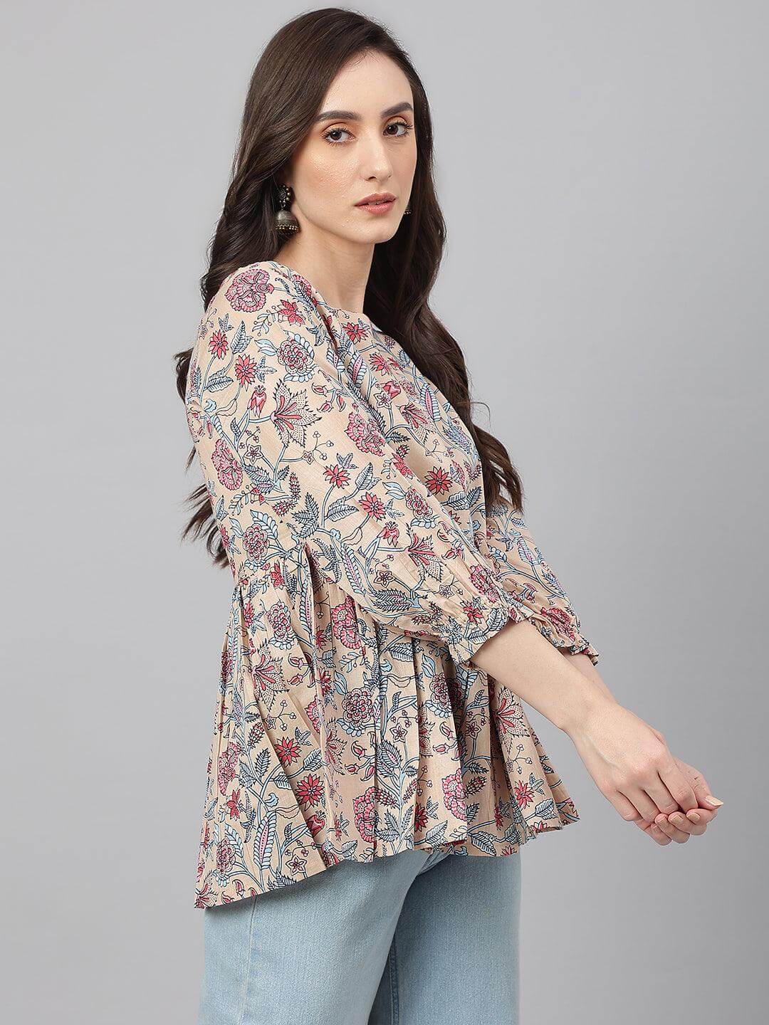 Beige Cotton Floral Print Peplum Top