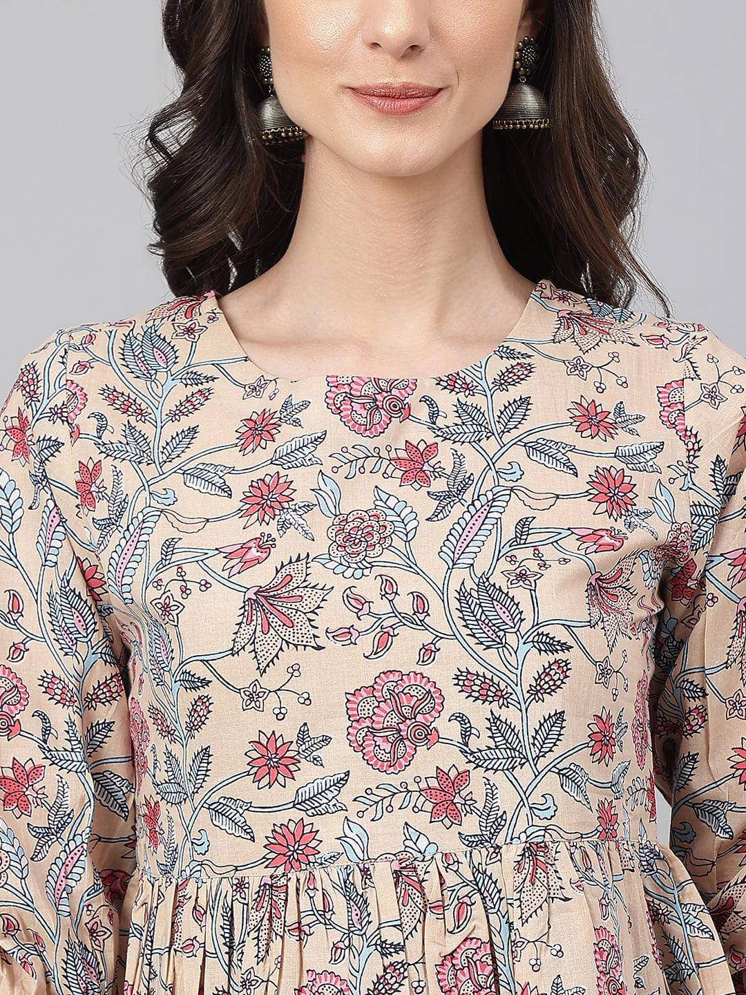 Beige Cotton Floral Print Peplum Top