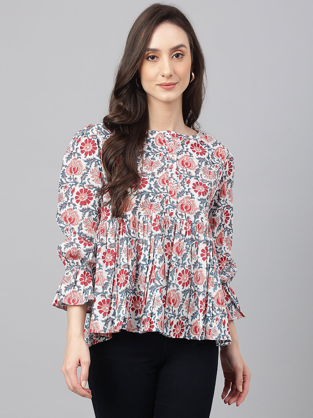 White Floral Print Full Sleeve Casual Top