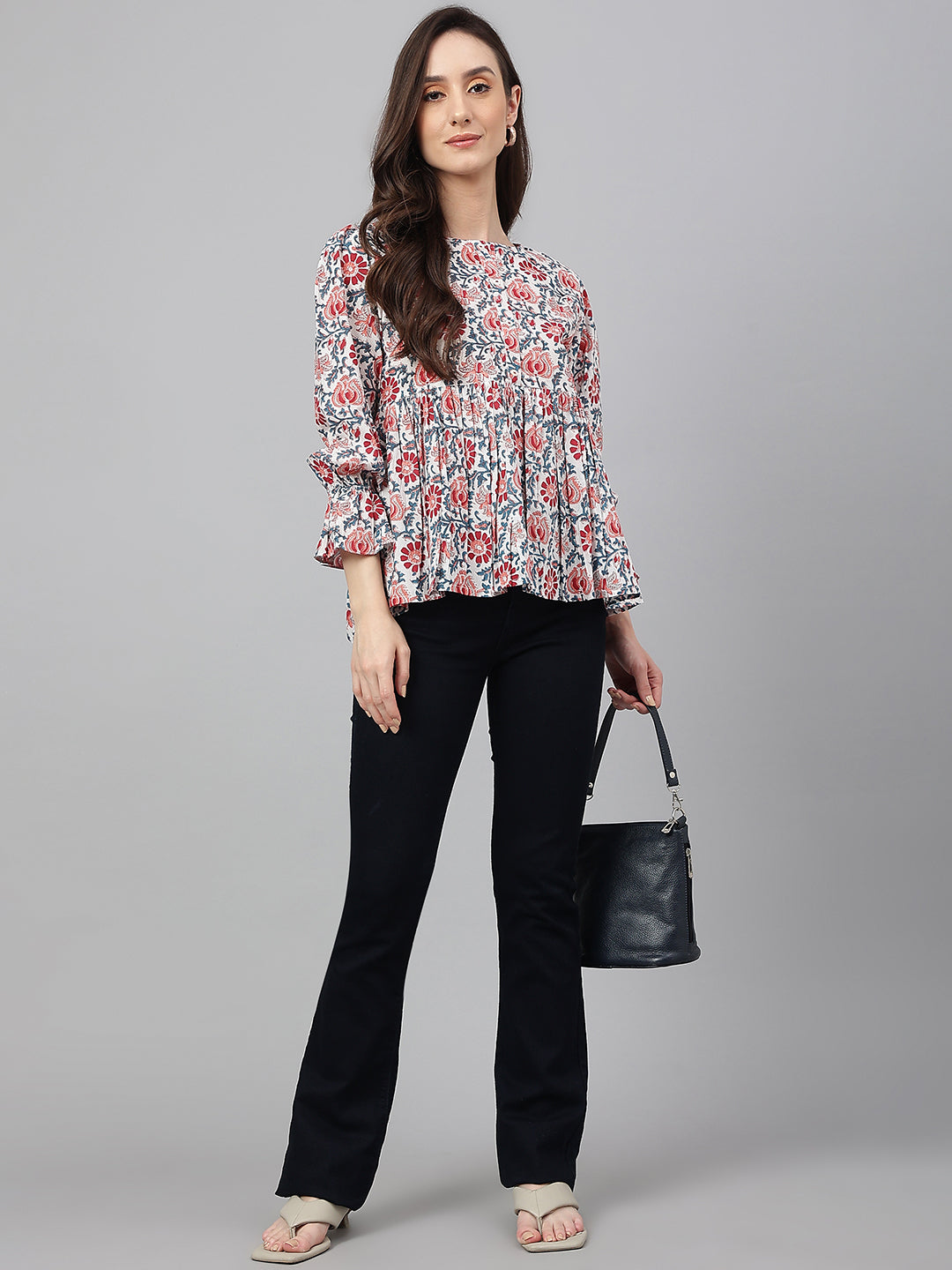 White Floral Print Full Sleeve Casual Top