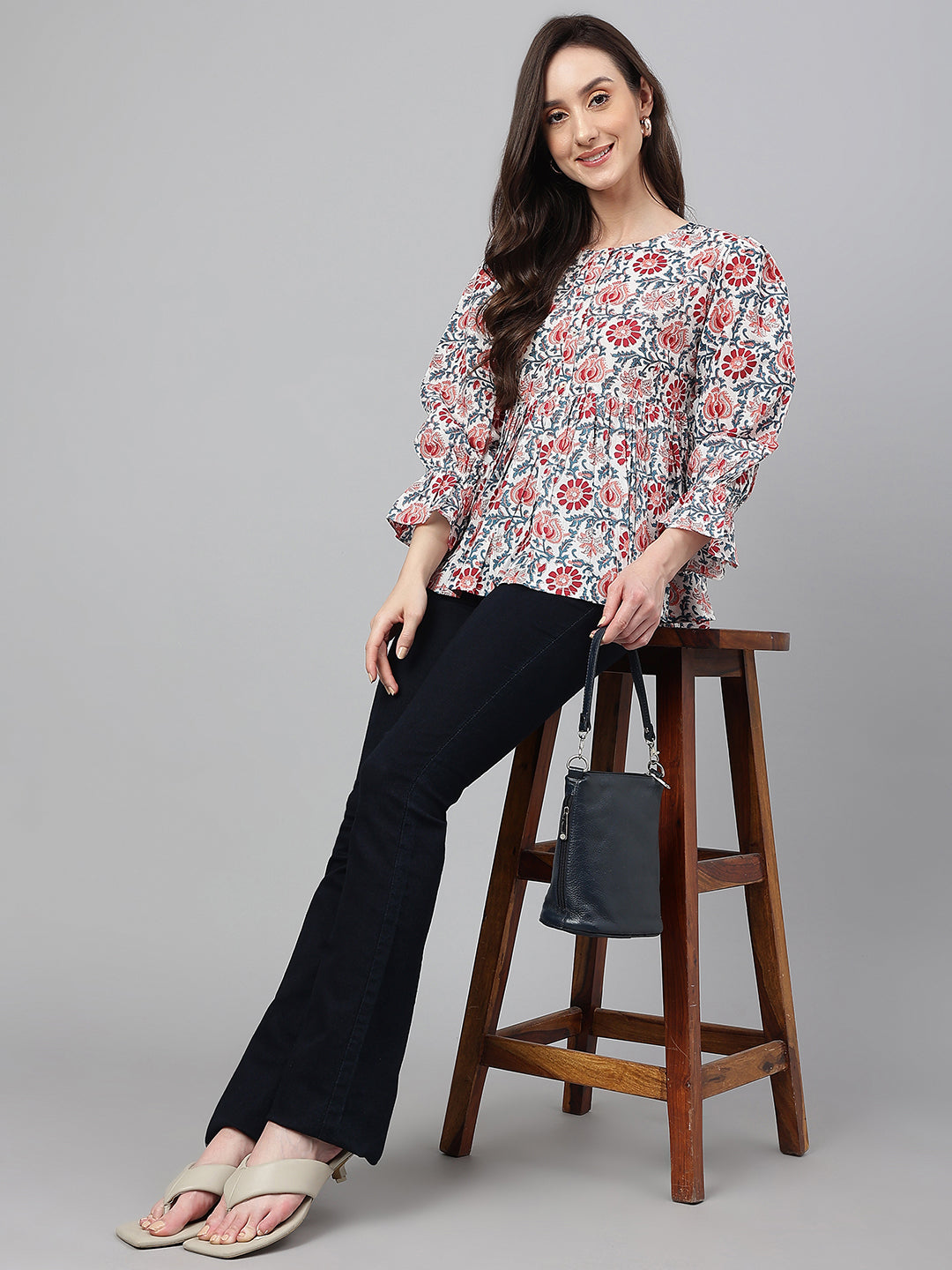 White Floral Print Full Sleeve Casual Top